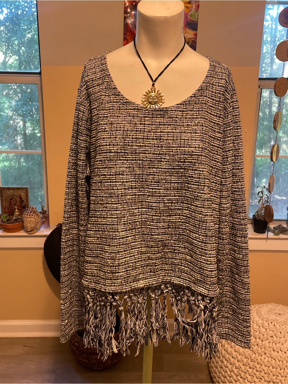 Cato Black & White Fringe Scoop Neck Sweater boho grunge western